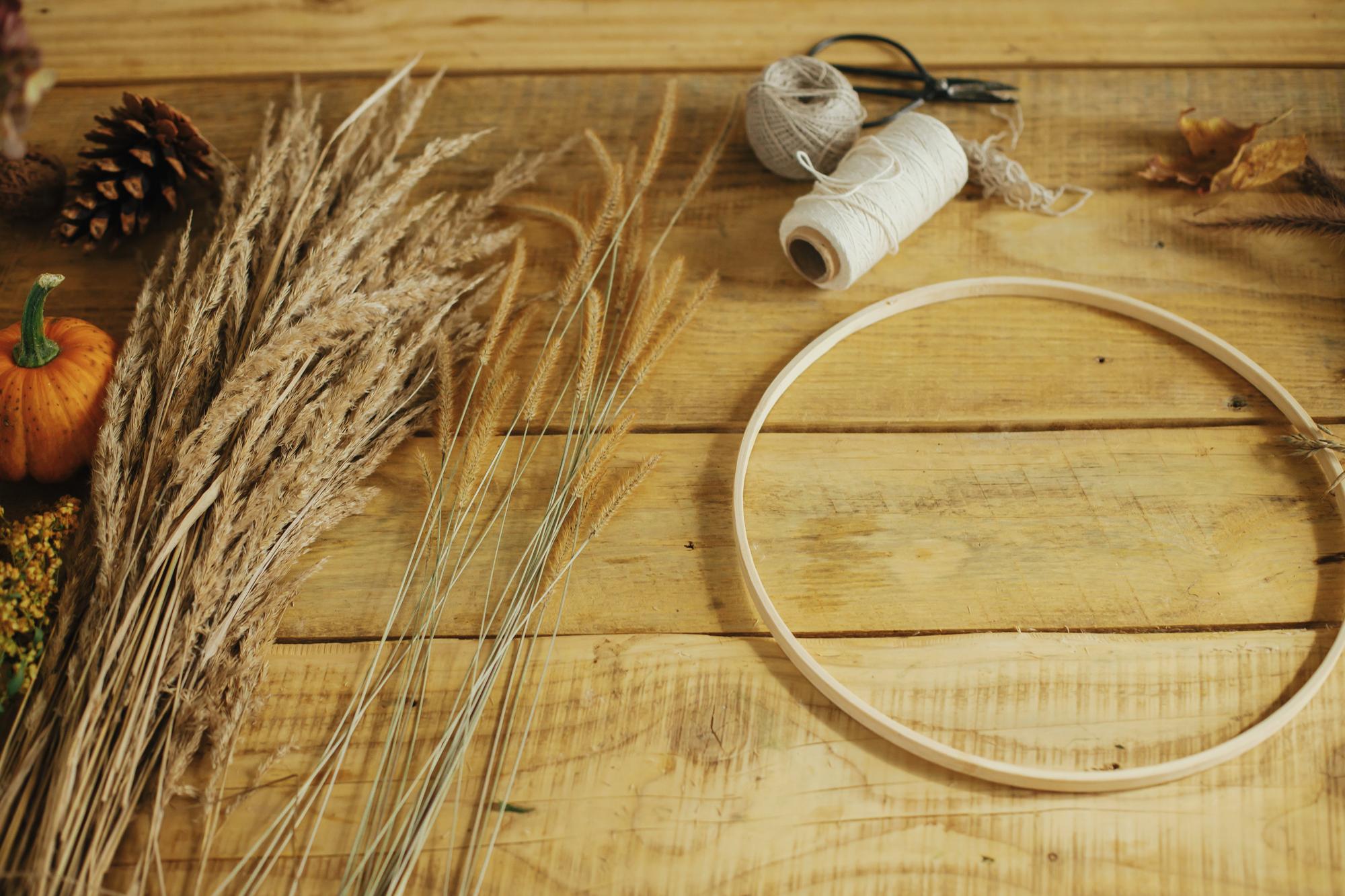Studio workspace with hoops and threads