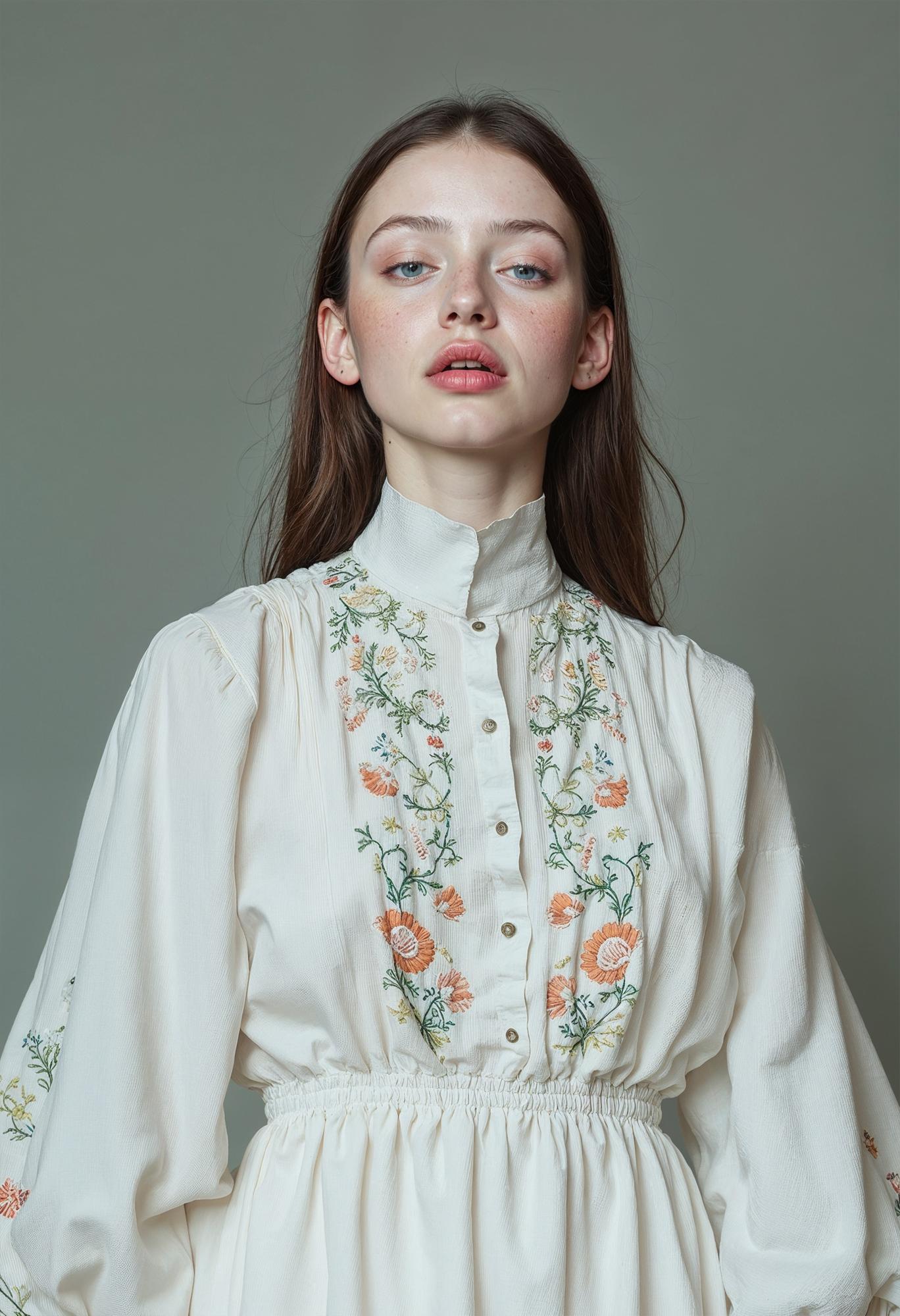 Large editorial shot of embroidered blouse on model